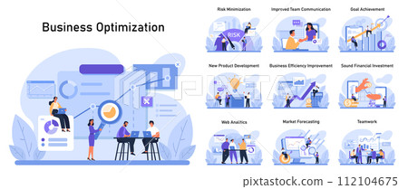 Business Optimization Set. Diverse professionals analyze data, mitigate risks, and communicate for efficiency. Web analytics insights. Financial investment decisions. Team collaboration. Flat vector. 112104675