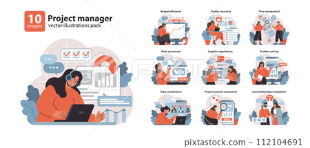 Project Manager set. Strategic planning and effective communication. Navigating budget and time constraints. Ensuring quality, assessing risks. Flat vector illustration. 112104691