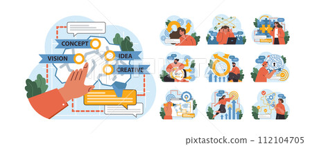 Creative Thinking set. Nurturing unique ideas, brainstorming sessions, and strategic planning. People interacting with charts, engaging with technology, and problem solving. Flat vector illustration Creative Thinking set. Nurturing unique ideas, brainstorming sessions, and strategic planning. People interacting with charts, engaging with technology, and problem solving. Flat vector illustration 112104705