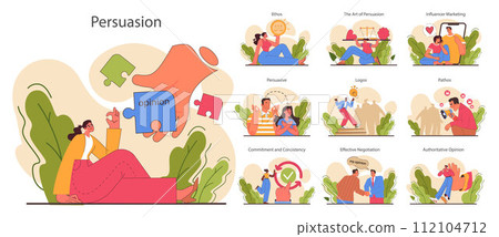 Persuasion set. Soft skill, the ability to convince people. Cognitive influence and authoritative opinion. Motivation, inspiration and control on decision making. Flat vector illustration Persuasion set. Soft skill, the ability to convince people. Cognitive influence and authoritative opinion. Motivation, inspiration and control on decision making. Flat vector illustration 112104712