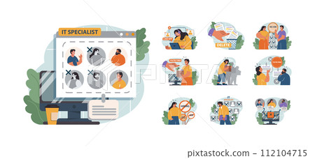 Dismissal of IT specialists set. Mass layoffs of internet technolgy employee due to financial crisis. Overheated labor market. Flat vector illustration 112104715
