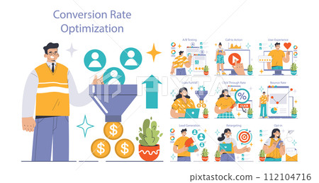 Conversion Rate Optimization set. Experts analyzing website performance. A B testing, sales funnel, lead generation. User engagement strategies. Flat vector illustration 112104716