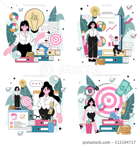 Business analyst set. Financial operation optimization, marketing strategy development, new business launching. Big data research, analysis and analytics. Flat vector illustration 112104717