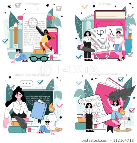 Philologist concept set. Scientific study of language, its history and development. Professional scientist studying a language structure. Philology and translation. Flat vector illustration 112104718
