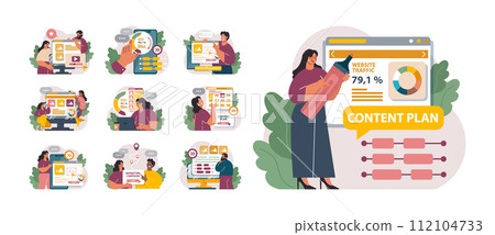 Marketing campaign set. Brand or product advertising with entertaining and engaging content. Character developing and following a content plan in social media and website. Flat vector illustration 112104733