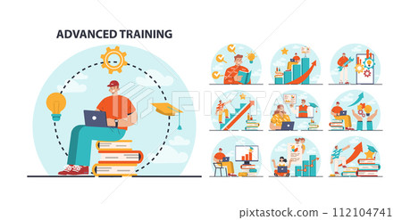 Advanced training set. Increasing of business or professional competences and skills. Digital training or e-learning for career qualification development. Flat vector illustration Advanced training set. Increasing of business or professional competences and skills. Digital training or e-learning for career qualification development. Flat vector illustration 112104741