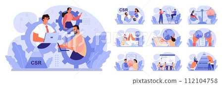 Corporate social responsibility set. CSR, business take responsibility for impact on environment. Reduction of carbon footprint, negative impact of production. Flat vector illustration 112104758