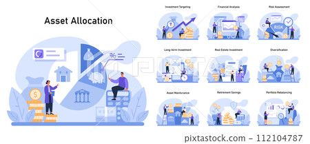 Asset Allocation set. Strategic investment planning and wealth growth. Efficient resource distribution, market analysis, and financial safety. Flat vector illustration 112104787