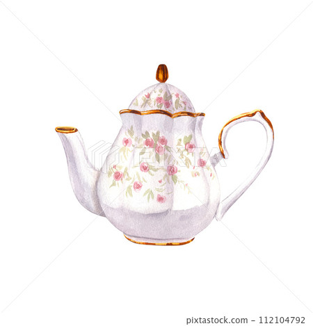 Porcelain ceramic white teapot with a pattern of roses and gold classic style. Watercolor hand-drawn illustration isolated on white background. Perfect for recipe lists with drinks, brochures for cafe 112104792