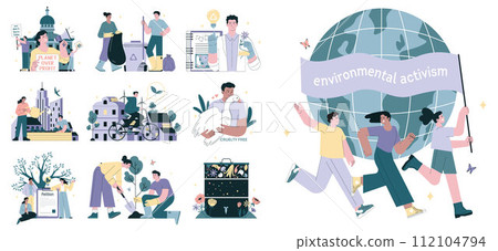 Environmental activism set. Community taking action of climate protection and nature conservation. Global sustainability campaign or movement. Society responsibility. Flat vector illustration 112104794