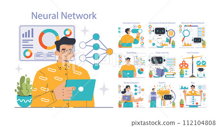 Neural Network set. Dive into machine learning with professionals exploring key concepts. Convolutional, recurrent networks, deep learning insights. Loss function, bias, epochs. vector illustration Neural Network set. Dive into machine learning with professionals exploring key concepts. Convolutional, recurrent networks, deep learning insights. Loss function, bias, epochs. vector illustration 112104808