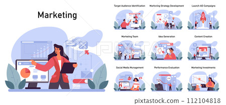 Marketing essentials set. Comprehensive stages of marketing workflow, from audience identification to investments. Diverse team, strategy planning, and execution. Flat vector illustration 112104818