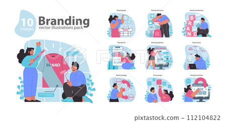 Branding set. Crafting corporate identity through design. Strategies for market presence. Essential elements for company recognition. Flat vector illustration. Branding set. Crafting corporate identity through design. Strategies for market presence. Essential elements for company recognition. Flat vector illustration. 112104822