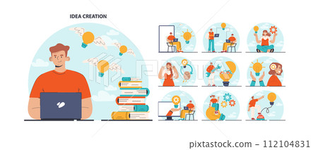Idea set. Generation of a creative concept or business solution in a brainstorm. Inspiration and imagination. Start up or new project development. Light bulb as metaphor. Flat vector illustration 112104831