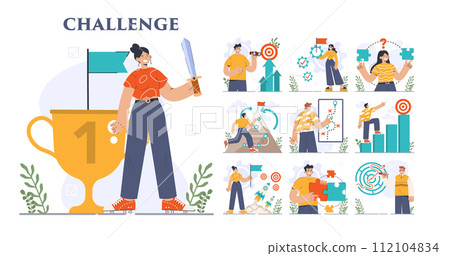 Business or professional challenge set. Character overcoming obstacles and hurdles on way to success. Goal achievement, motivation development. Flat vector illustration 112104834