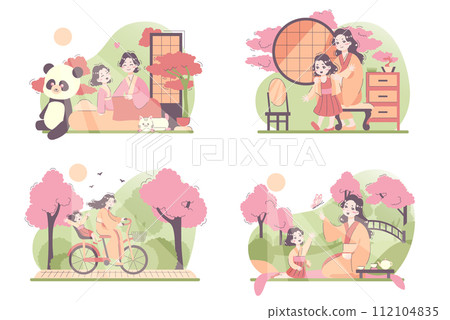 Daily routine of an asian woman set. Japanese housewife lifestyle. Woman taking care of little daughter. Family gathering outside, spending time outdoors. Flat vector illustration 112104835