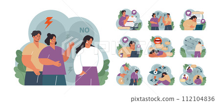 Condemnation set. Public censure or judgement. Upset victim being bullyed and shamed by others. Flat vector illustration 112104836