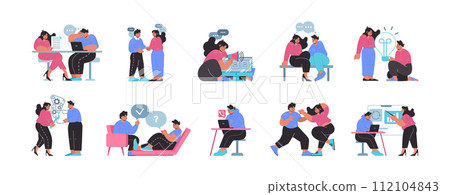 Workplace collaboration set. Diverse office scenarios with interactive staff engagement. Flat vector illustration. 112104843
