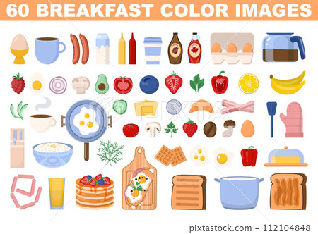 Breakfast set. Morning food and cooking utensils. Eggs, pastry, oatmeal, toast, fruits, berries and vegetables, coffee and milk. Traditional western menu. Flat vector illustration Breakfast set. Morning food and cooking utensils. Eggs, pastry, oatmeal, toast, fruits, berries and vegetables, coffee and milk. Traditional western menu. Flat vector illustration 112104848