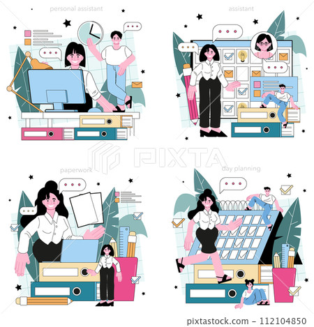 Personal assistant concept set. Professional help and support for a businessperson. Worker day planning and paperwork and meetings assisting. Flat vector illustration Personal assistant concept set. Professional help and support for a businessperson. Worker day planning and paperwork and meetings assisting. Flat vector illustration 112104850
