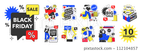 Black friday set. Shopping cart and bags with goods and presents. Offline and online shopping with a big discount and special offer. Promo advertising. Flat vector illustration 112104857