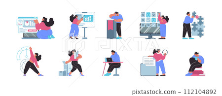 Office dynamics set. Data analysis, strategic planning, and collaborative teamwork in a corporate environment. Flat vector illustration. Office dynamics set. Data analysis, strategic planning, and collaborative teamwork in a corporate environment. Flat vector illustration. 112104892
