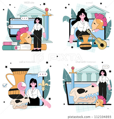 Historian online service or platform set. History scientist or archaeologist. Knowledge of an ancient civilization culture. Online call, chat, e-mail, website. Flat vector illustration Historian online service or platform set. History scientist or archaeologist. Knowledge of an ancient civilization culture. Online call, chat, e-mail, website. Flat vector illustration 112104893