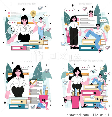 Professional consulting service set. Research and recommendation for business problems. Idea of strategy management and troubleshooting. Flat vector illustration Professional consulting service set. Research and recommendation for business problems. Idea of strategy management and troubleshooting. Flat vector illustration 112104901
