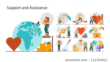 Support concept set. Characters help each other in solving problems. Cooperation, unity, partnership and teamwork. Social community or charity activity. Flat vector illustration. 112104922