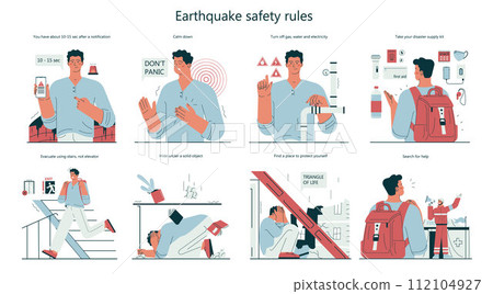 Earthquake safety rules set. Countermeasures and instruction in case of emergency. Educational banner with action and precaution advice. Flat vector illustration 112104927