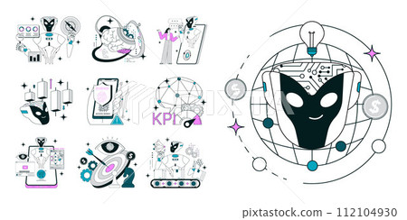 Impact of Artificial intelligence on business set. AI-powered production, management and marketing. Self-learning computing system processing big data. Flat vector illustration Impact of Artificial intelligence on business set. AI-powered production, management and marketing. Self-learning computing system processing big data. Flat vector illustration 112104930