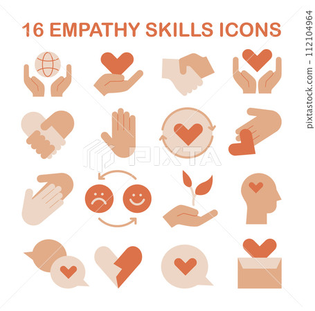 Empathy icons set. Deep understanding of emotions and sympathy. Soft skill development. Self-improvement for psychological and emotional maturity. Flat vector illustration 112104964