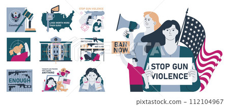 Gun control set. Second amendment ban. Weapon regulations law movement. Firearm violence. Mass shooting in public places and school. Flat vector illustration Gun control set. Second amendment ban. Weapon regulations law movement. Firearm violence. Mass shooting in public places and school. Flat vector illustration 112104967