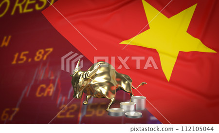 The Gold Bull on Vietnam Flag for Business concept 3d rendering. 112105044