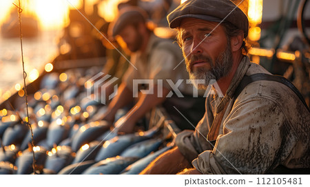 A group of fishermen is on a big boat in the sea. They are taking fish out of the nets, pulling them up one by one. Hardworking fishermen are hauling in their catch form the nets Generative AI. A group of fishermen is on a big boat in the sea. They are taking fish out of the nets, pulling them up one by one. Hardworking fishermen are hauling in their catch form the nets Generative AI. 112105481