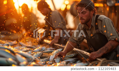 A group of fishermen is on a big boat in the sea. They are taking fish out of the nets, pulling them up one by one. Hardworking fishermen are hauling in their catch form the nets Generative AI. A group of fishermen is on a big boat in the sea. They are taking fish out of the nets, pulling them up one by one. Hardworking fishermen are hauling in their catch form the nets Generative AI. 112105483