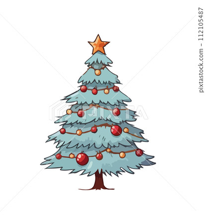 Vector illustration of decorated Christmas tree in snow on white background. Green fluffy xmas pine, isolated on white background. Cute Christmas tree in cartoon watercolor style. Vector illustration of decorated Christmas tree in snow on white background. Green fluffy xmas pine, isolated on white background. Cute Christmas tree in cartoon watercolor style. 112105487