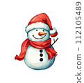 Snowman with a scarf, gloves and hat isolated in a white background in cartoon watercolor style. Flat design. Vector illustration. 112105489