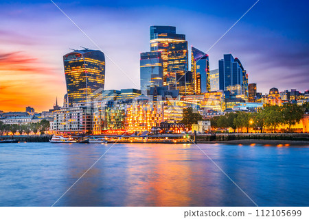 London, United Kingdom. Skyline view of the famous City of London during blue hour. 112105699
