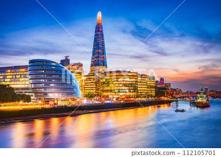 London, United Kingdom. Skyline view of the famous New London, City Hall and Shard, Thames River. London, United Kingdom. Skyline view of the famous New London, City Hall and Shard, Thames River. 112105701