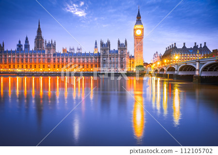 London, United Kingdom. Big Ben and Parliament Building during blue hour. London, United Kingdom. Big Ben and Parliament Building during blue hour. 112105702