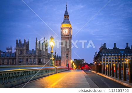 London, United Kingdom. Big Ben and Parliament Building during blue hour. 112105703