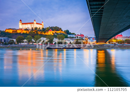 Bratislava, Slovakia. Bratislava Castle and old town over Danube River. 112105705