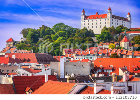 Bratislava, Slovakia. Panoramic rooftop view of the Castle. 112105710