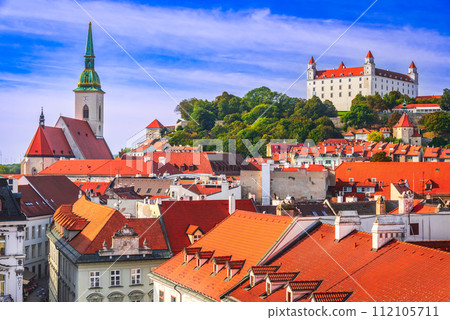 Bratislava, Slovakia. Panoramic rooftop view of the Castle. 112105711