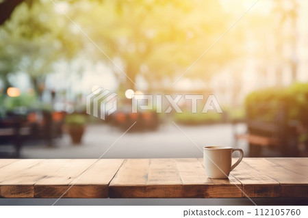 empty wooden table in spring coffee shop, generative AI empty wooden table in spring coffee shop, generative AI 112105760
