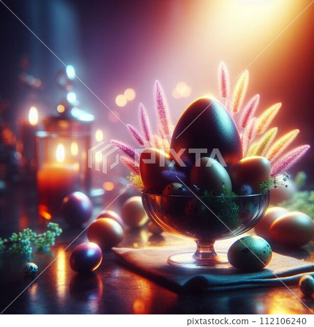Easter table setting with blue painted eggs in ceramic vase and candles on rustic wooden table 112106240
