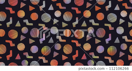 Bright holographic seamless pattern with colorful gradient textured geometric shapes. Abstract vector texture with hand drawn striped elements for textile, wrapping paper, surface design 112106266