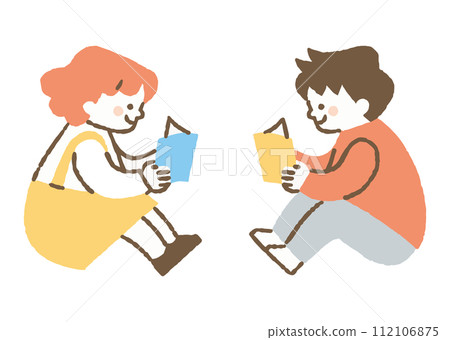 Boy and girl reading a book facing each other_color 112106875
