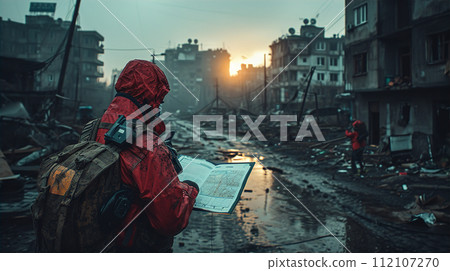 Staff checking the damage situation in the disaster area 112107270